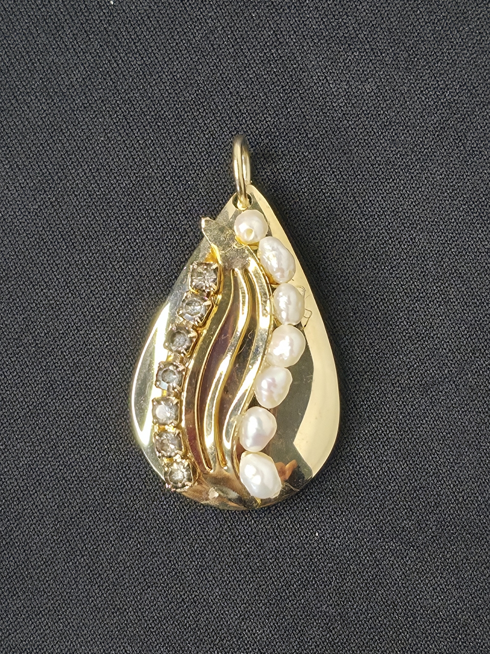 Vintage Gold Tone Pearl Rhinestone Drop Pendant 1.25"